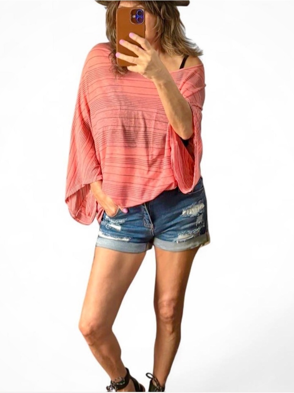 Monrow pink striped top with flowy boho vibe Size S